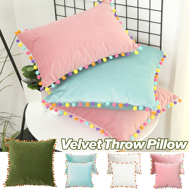 Colorful Pom Pom Ball Velvet Trhow Pillow Case Cushion Cover Sofa