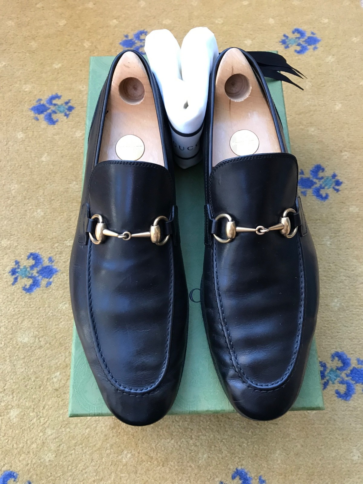 Gucci Loafers Leather Shoes Jordaan Black Gold Horsebit Mens US 10 UK 9.5 43.5