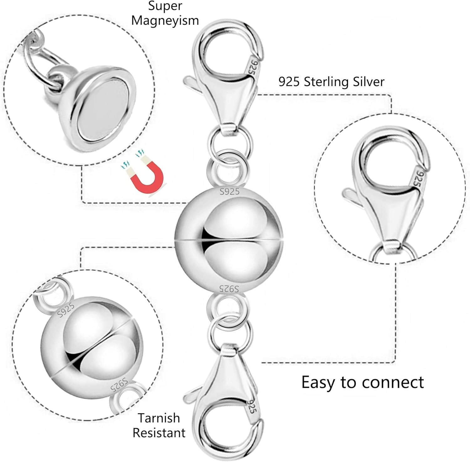 925 Sterling Silver Double Lobster Clasp Magnetic Necklace Jewelry ...