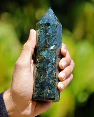 0.92LB!  160MM Larvikite Stone Blue-Silver Flash 8 Faceted Pointed Obelisk Tower