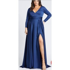 Ieena for Mac Duggal 55290 Midnight Blue Satin Long Sleeve Gown Dress 20W NEW
