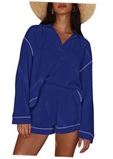 Women's 2025 Fall Casual Waffle Knit Long Sleeve Lounge Sets Medium Royal Blue