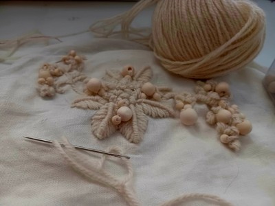 Bespoke couture wool thread/wooden bead embroidered embellishment trim.