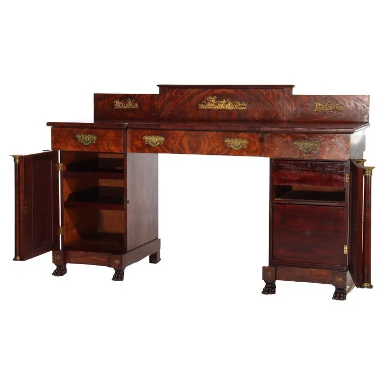 Antique Boston Period Napoleonic Flame Mahogany Double Pedestal Sideboard c1820 - Image 3 of 4