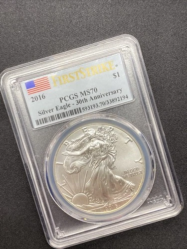 2016 Ms70 Silver Eagle PCGS 1oz Fine First Strike 30th Anniv Spots Toned