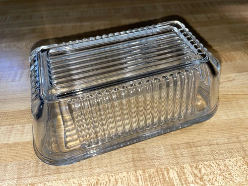 Federal Glass Clear Vtg Refrigerator Butter Dish Ribbed Lid Holds 1# Butter Bric