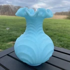 Fenton Satin Blue Custard Drapery VASE 8" Ruffles 1970s