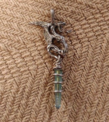 Sterling Silver dragon pendant w blue crystal