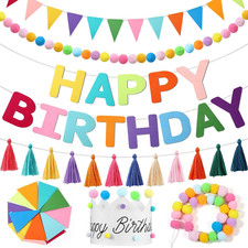 5 Pcs Pre-Strung Happy Birthday Banner, Felt Happy Birthday Banner with Felt Bal