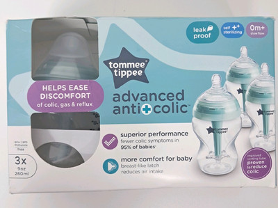 Tommee Anti-Colic Baby Bottle, 9oz, slow flow Breast-Like Nipple Pack of 3 New