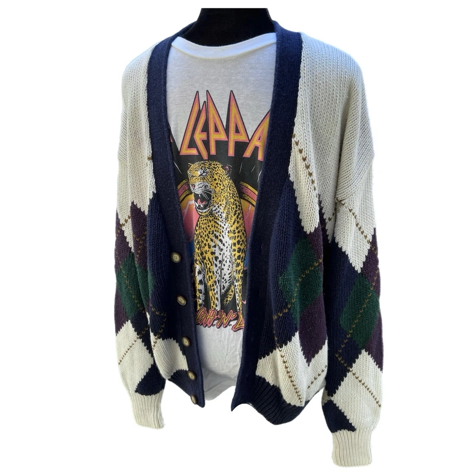 Vintage Structure Cardigan 90s Kurt Cobain Grunge Argyle Sweater - Mens Large - Image 3 of 4