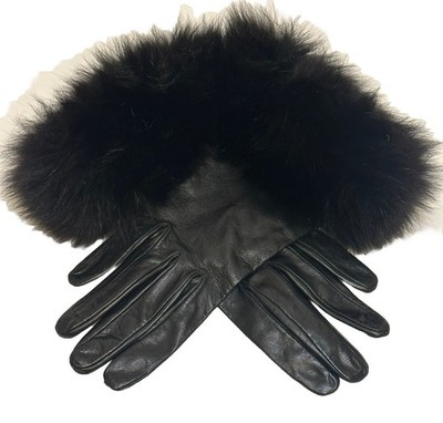 VTG Saks Fifth Ave NOS Women s Black Leather Gloves w Rabbit Fur Cuffs Sz 7 NICE
