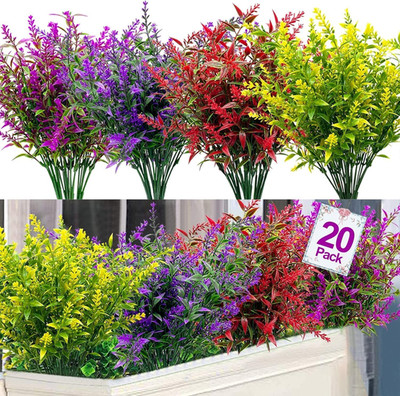 20 Bundles Artificial Lavender Flowers for Outdoors UV Resistant Fake Flowers Pl