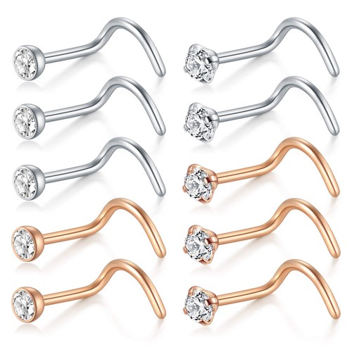 10PCS Nose Rings Studs Screw Surgical Steel Stone Zircon Ear Piercing Jewellery - Picture 14 of 14