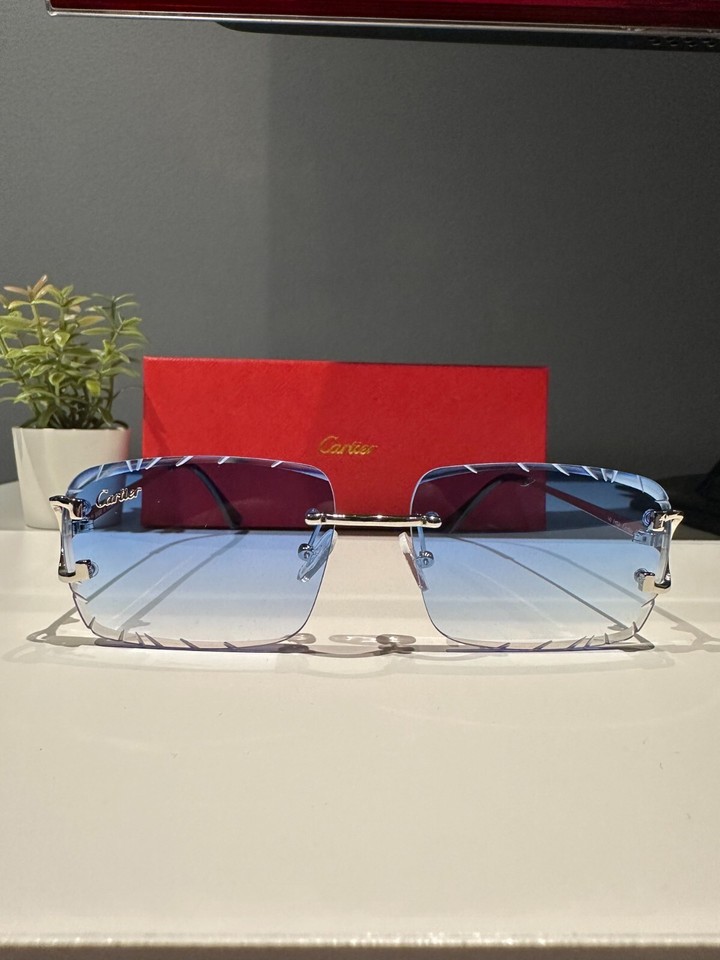 Cartier Sunglasses Blue Lens Sunglasses With Silver Frame Dimond Cut eBay