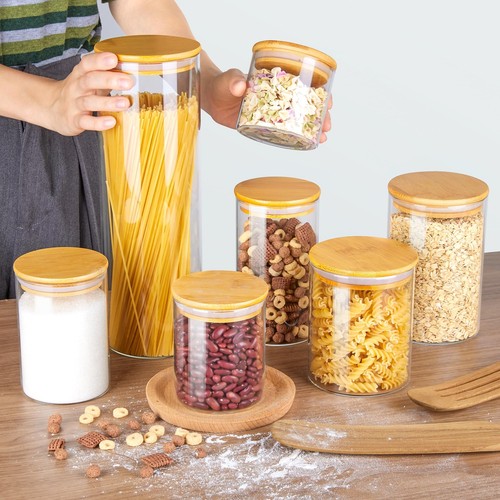 Glass Food Storage Jars 7 Pack Kitchen Containers with Airtight Bamboo Wooden... - Picture 3 of 7