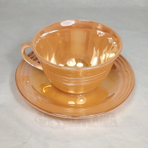 1950s Vintage Fire-King Peach Lustre Tea Cup and Saucer 3 Bands Anchor Hocking