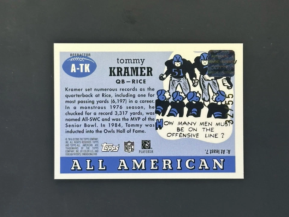 Topps All American 2005 edición retirada refractor cromado/55 Tommy Kramer automático Foto 2 de 2