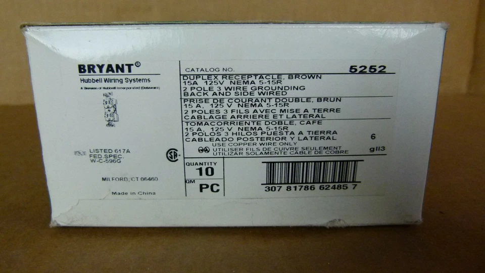 Caja de 10 - Receptáculo dúplex Bryant Hubbell 5252 marrón 15A 125V NEMA 5-15R Foto 4 de 4