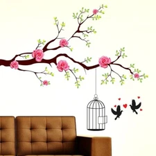 130 cm Wall Stickers Rose Flower Branch & Cage Birds Couple Living Room Self