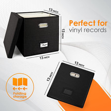 Vinyl Record Storage Box Stackable Albums Linen Crate W/Lid Collapsible Holder