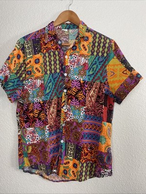 Patchwork 60/70's Vibe ColorfulButton-Up Shirt SZ M Hawaiian Beach Disco Crazy