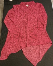 Halston Shirt Womens Medium Red Pink Floral Tunic Asymmetrical Handkerchief Hem