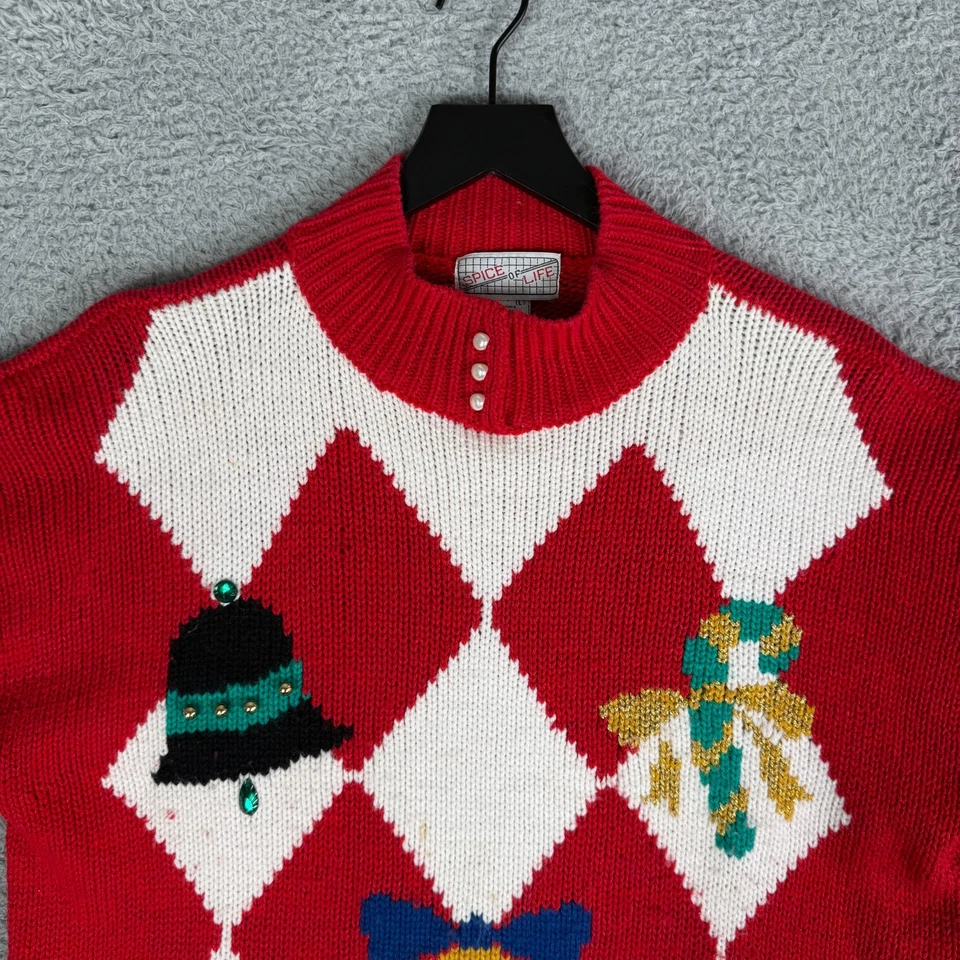 Suéter Tejido Vintage Navidad Años 90 Para Mujer Grande Argyle Campanas Perlas Rojas Sagradas Foto 2 de 4