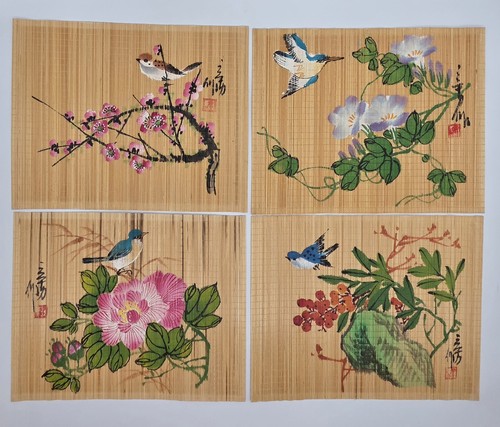 Lot Of 4 Vintage Hand Painted Birds & Flowers Bamboo Wall Hanging Scroll Art Set