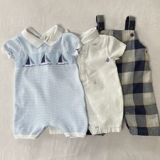 Janie And Jack 0-3 Months Boy Lot 3 Rompers Nautical Preppy Cotton Linen EUC