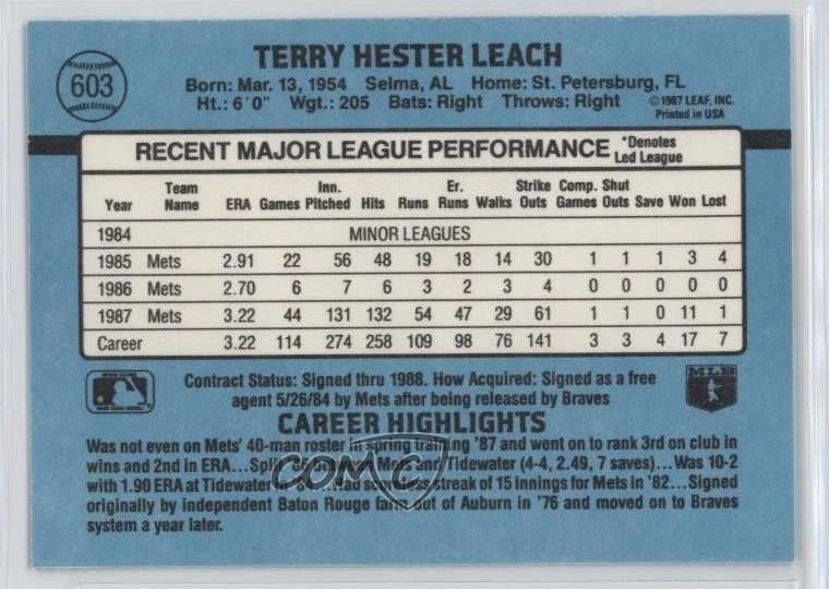 1988 Donruss Terry Leach (Five Lines of Text on Back) #603 - Image 2 of 2