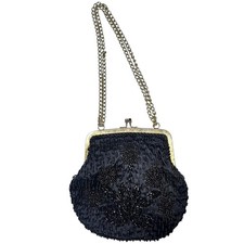 Le Regale Black Beaded Purse With Gold Accents And Chain Strap Vintage 1980