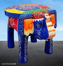 Indian Handmade Wooden Elephant Shape Multi Color Room Side Table Statue Stool