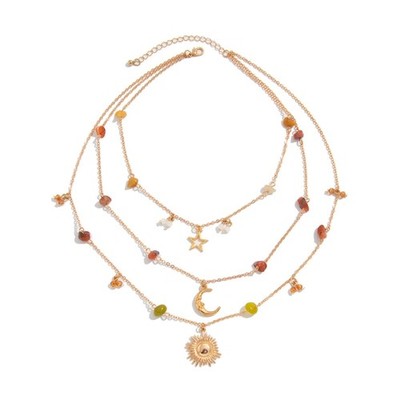 Exquisite Long Necklace with Moon Star and Sun Pendants Beads Chain Necklace