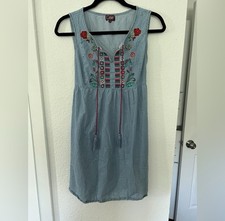 Coline Blue Denim Embroidered Tasseled V-Neck Tie Knee Length Sleeveless Dress S