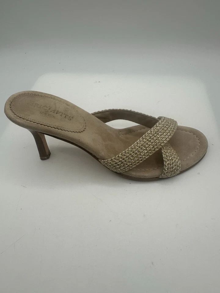 Eric Javits NY Gold Glitter Beige Raffia Slide Kitten Heel Sandals Women Sz 5.5M - Image 4 of 4