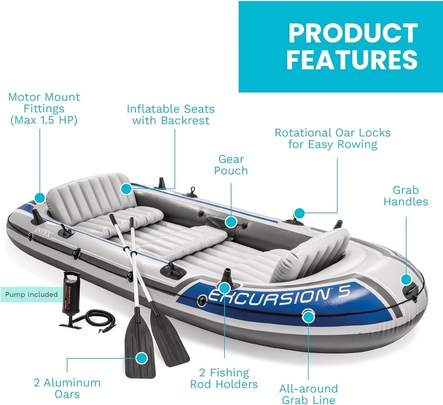 2 Man Inflatable Raft Excursion 5-Person Inflatable Fishing Boat River Raft Set with Oars ...