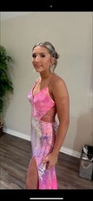 Pink Silver Sequin Formal Gown Side Slit Cutouts Spaghetti Straps