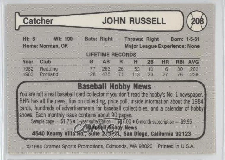 1984 Cramer Pacific Coast League John Russell #208 - Image 2 of 2