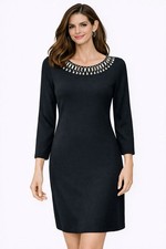 Tommy Bahama Darcy Beaded 3/4 Bracelet Sleeve Ponte Shift Dress Medium Black