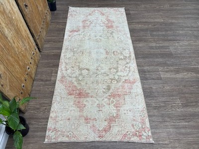 3x8 Muted Vintage Turkish Runner, Hand-Knotted Wool Red Oushak Hallway Runner