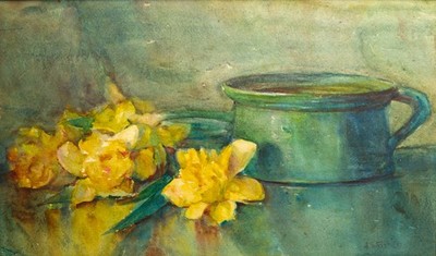 Anna S. Fisher Antique Watercolor Still Life, Yellow Daffodils, Signed