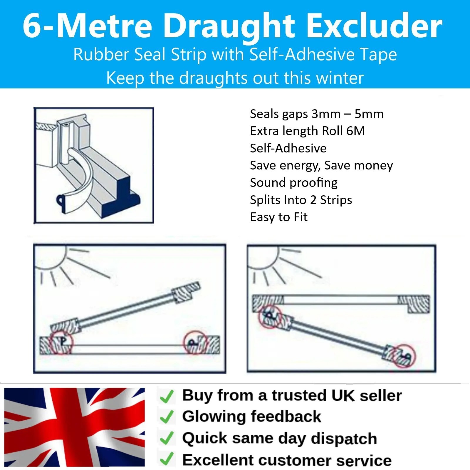 6-metre rubber seal draught excluder for keeping homes warm and energy-efficient.