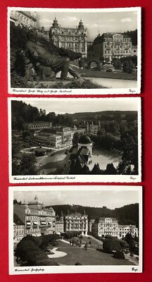 3 x Photo Postcard Marienbad in Bohemia around 1938 Square View, Ferdinand Fountain (103794