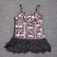 Seven Til Midnight Bustier Bra Women Small Black and Pink Lace Frilly Fringe