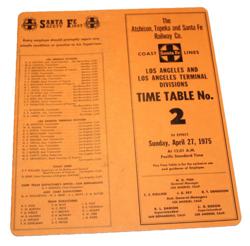 1975 AT&SF Santa Fe Coast LA and LA Terminal Divisions Time Table No. 2