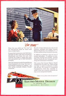 1947 Ad ~ GM Railroad Diesel Locomotive ~ Train Arrivals Board Posting ''On Time''