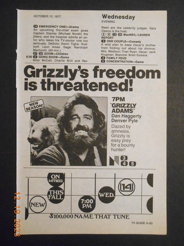 1977 Grizzly Adams vintage TV SHOW AD Dan Haggerty Denver Pyle Name ...