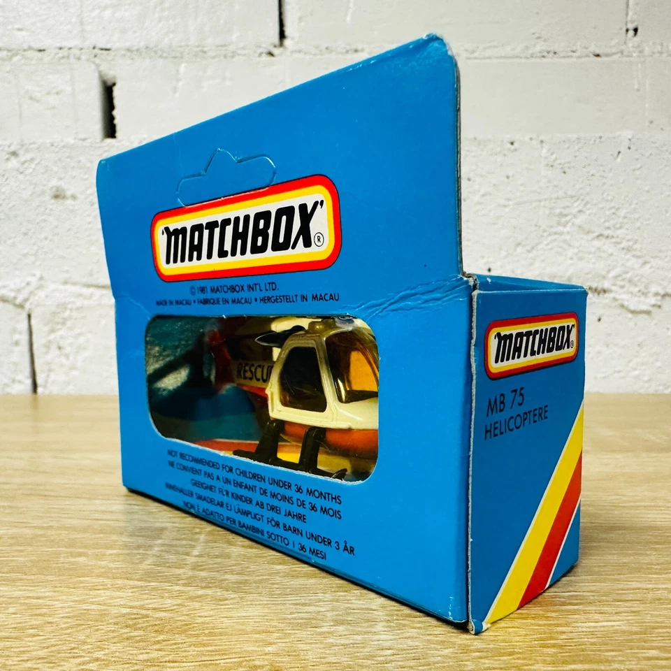 1982 Rescue Helicopter White Orange MB75 1984 New in Box Unpunched - Image 4 of 4