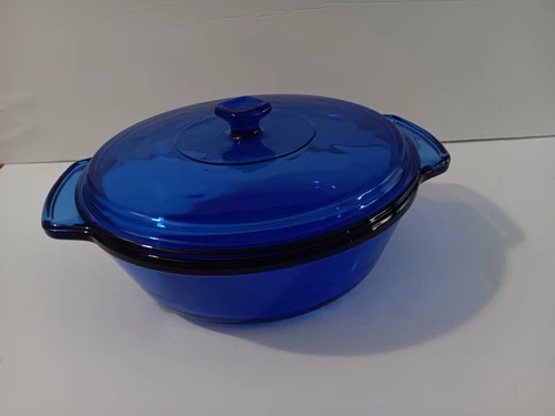 Vintage Anchor Hocking Cobalt Blue Round Covered Casserole Dish Ovenware 2 Qt